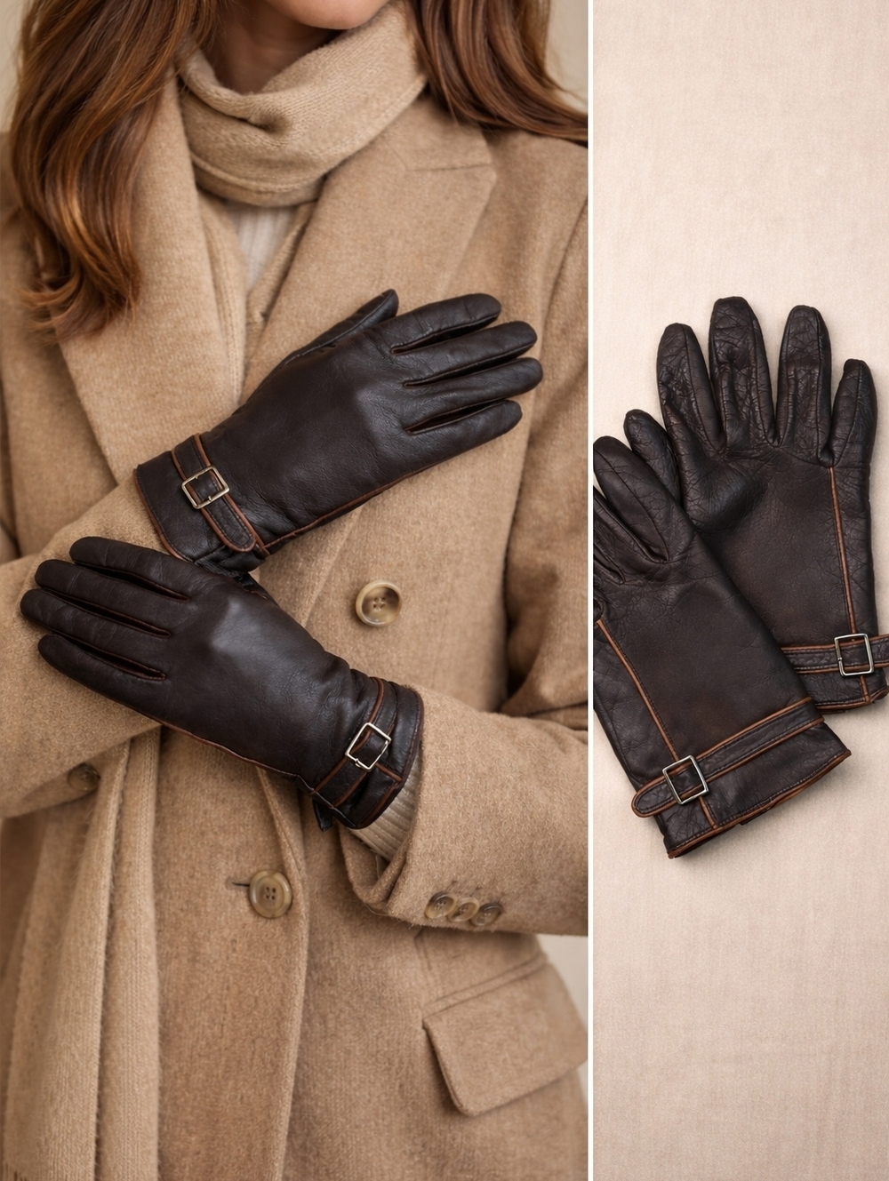 Genuine Leather Gloves Brown w/ Contrast Trim Buckle Strap Soft Size 8 Classic